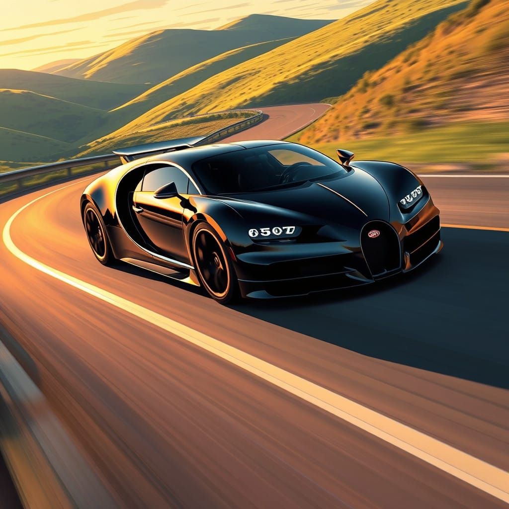 Cyberpunk Bugatti Speeds Down Winding Road at Sunset