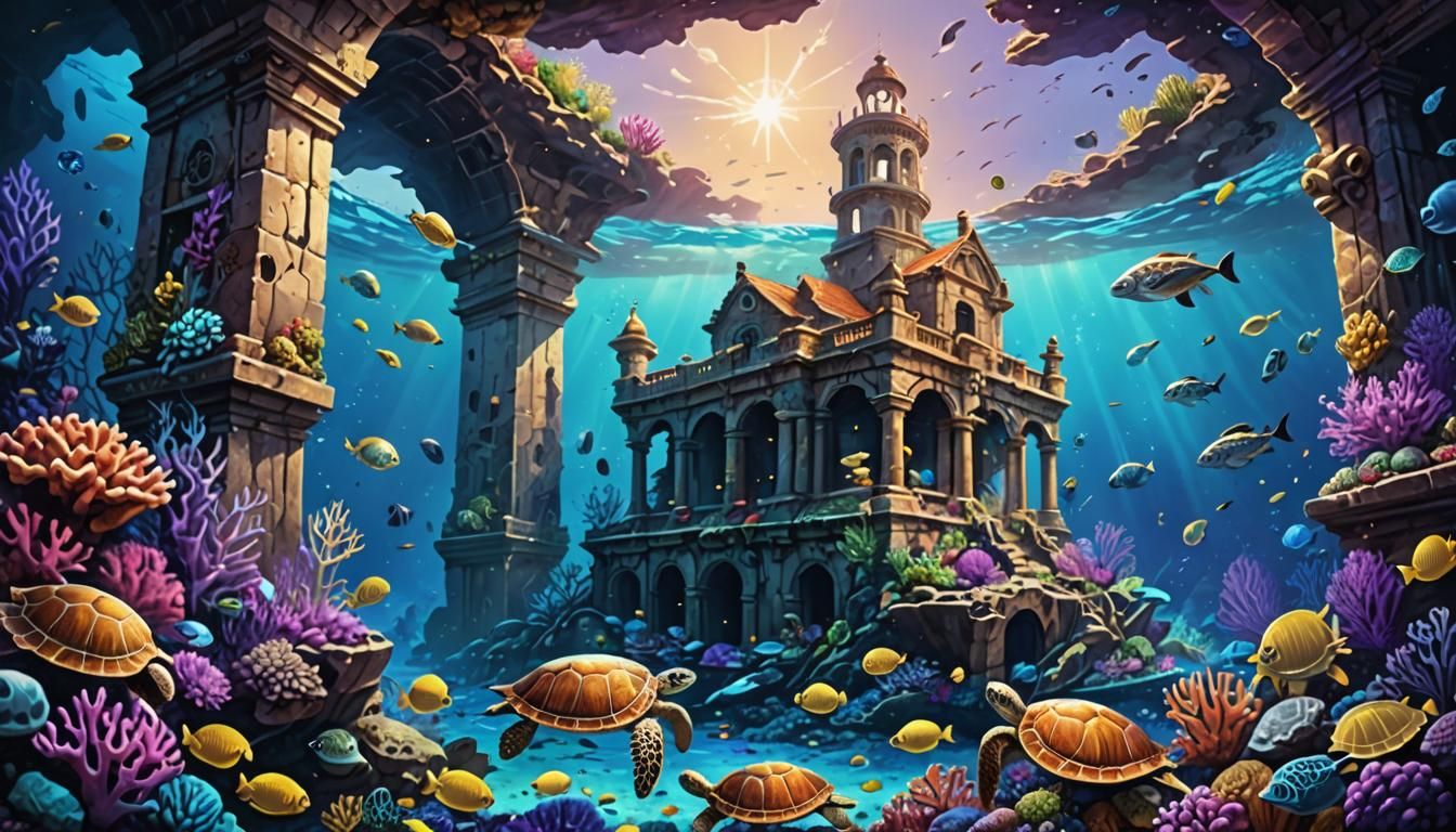 A underwater ecosystem, showing colorful coral reefs and dif...