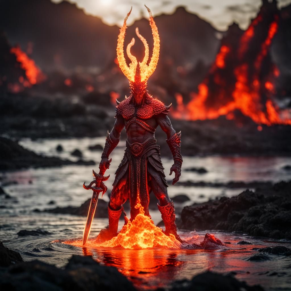 mystical being emerging from a lake of molten lava, holding ...