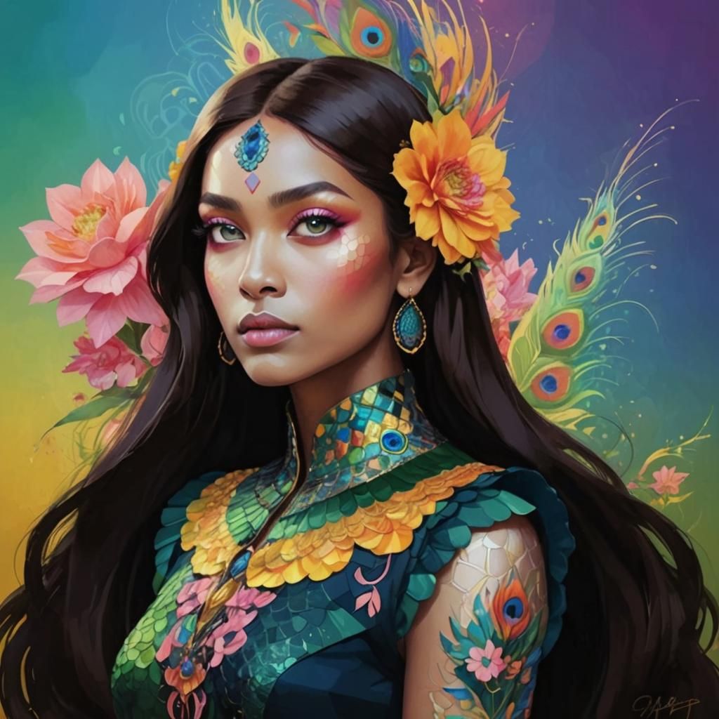 Dragon-Peacock Woman in Geometric Digital Art