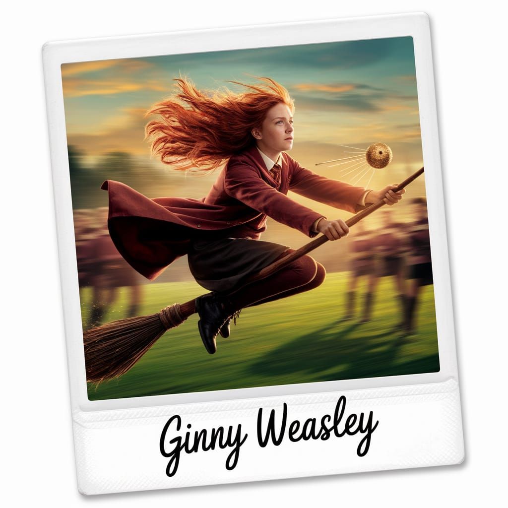 Ginny Weasley Soaring on Broomstick: Polaroid Snapshot