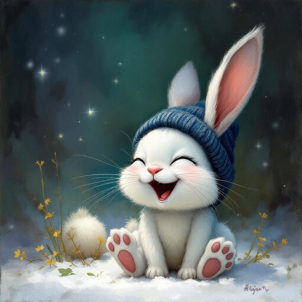 Laughing Snow White Bunny in Cartoon Style