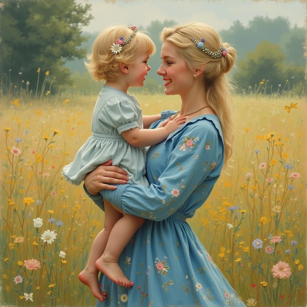 Warm Motherly Love in a European Countryside Scene