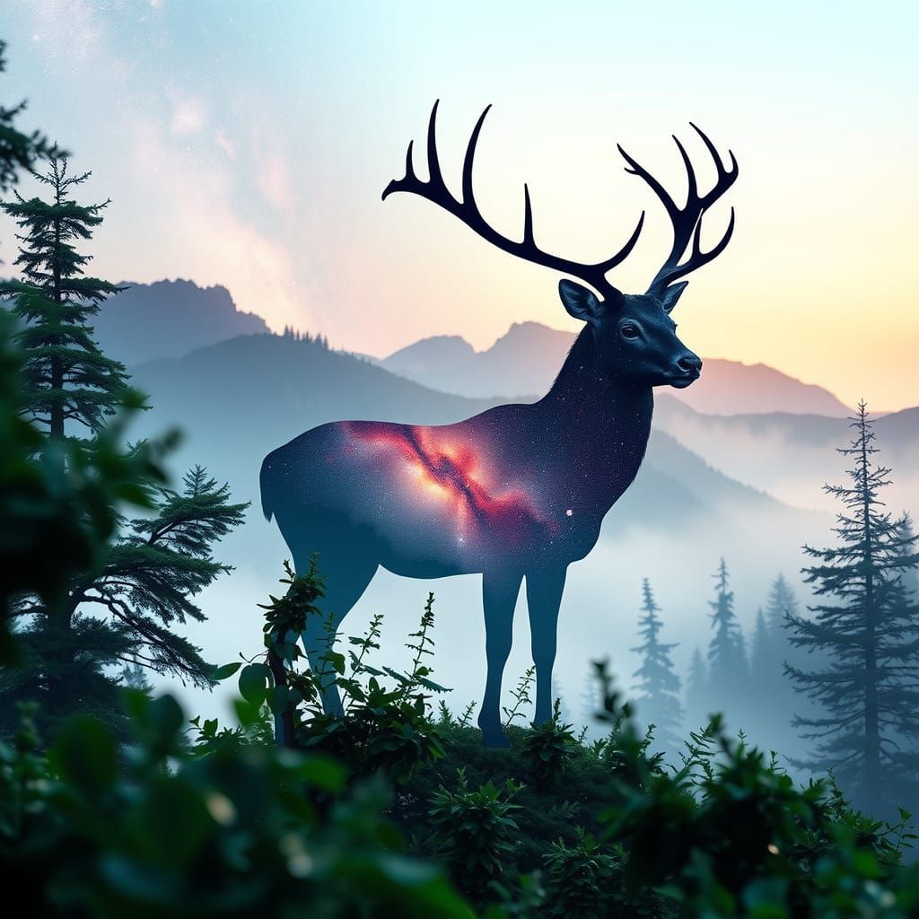 Stag Silhouette with Cosmic Nebula in Twilight Forest