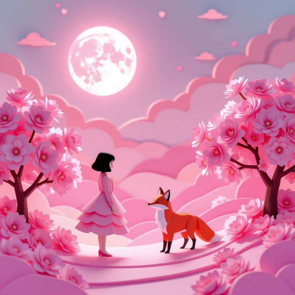 Ethereal Pink Paper World with Moon and Girl