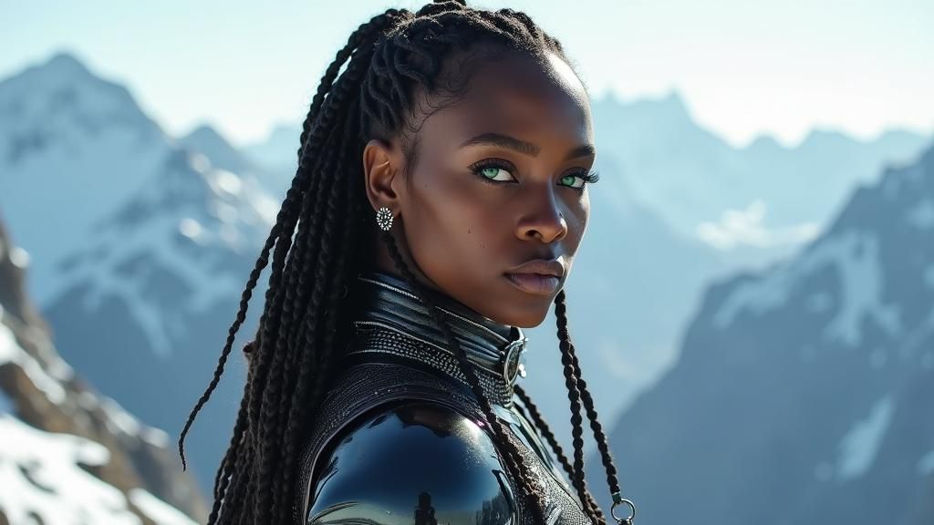 Confident Woman in Fantasy Armor on Mountain Peak