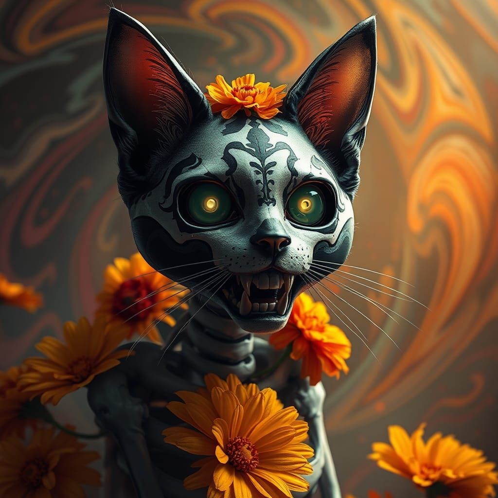 Day of the Dead Skeletal Cat in Matte Painting Style