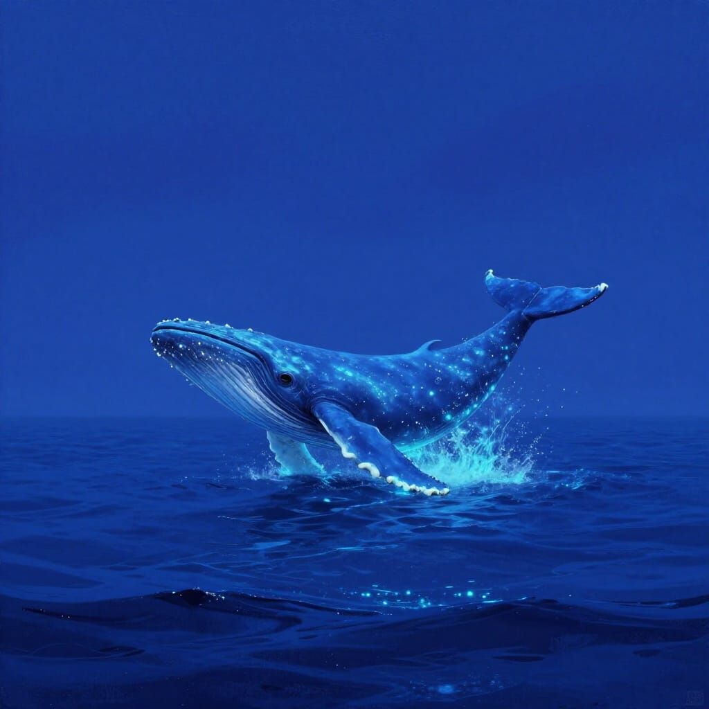 Ethereal Blue Landscape with Bioluminescent Whale