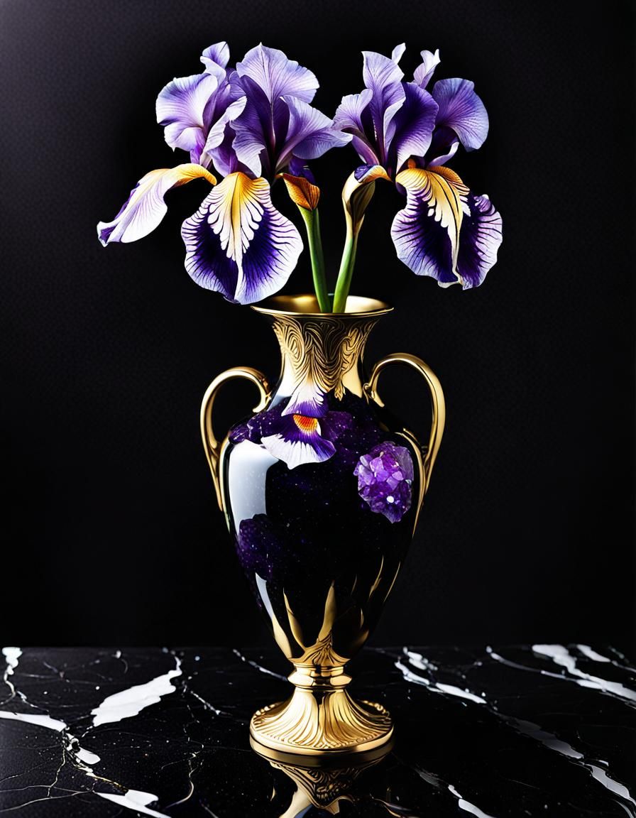 Gold Vase with Purple Irises in Art Deco Style