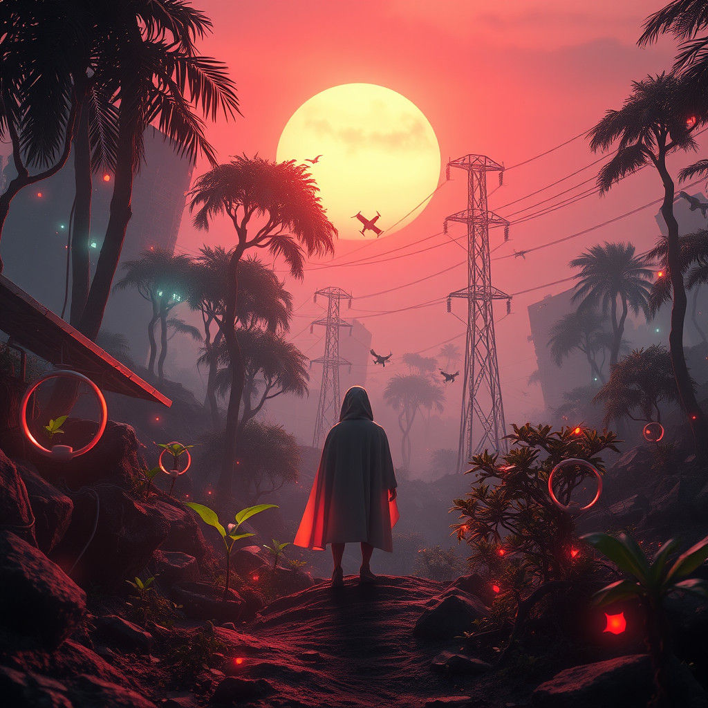 Futuristic Jungle Scene with Recycled Plastic Cape