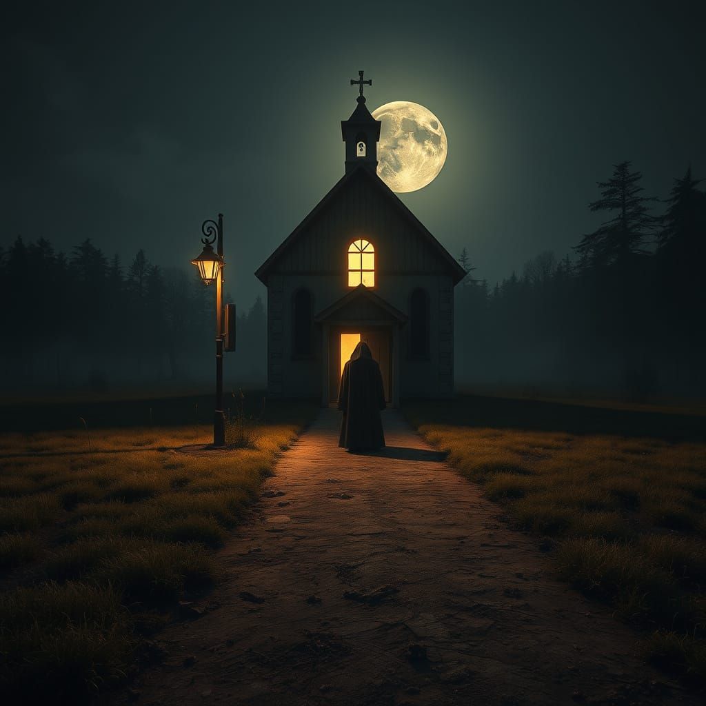 Abandoned Church Silhouette at Sunset in a Desolate Field