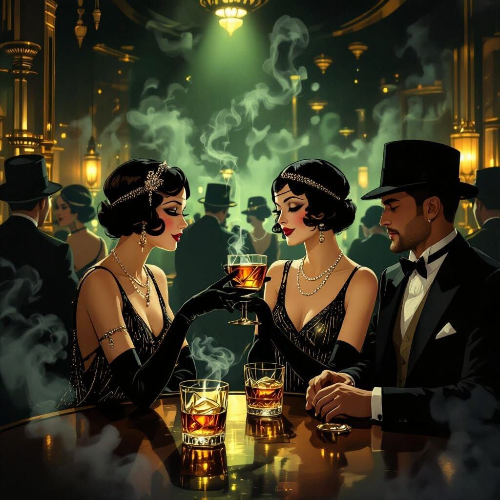Art Deco Speakeasy Scene in Deep Greens and Gold