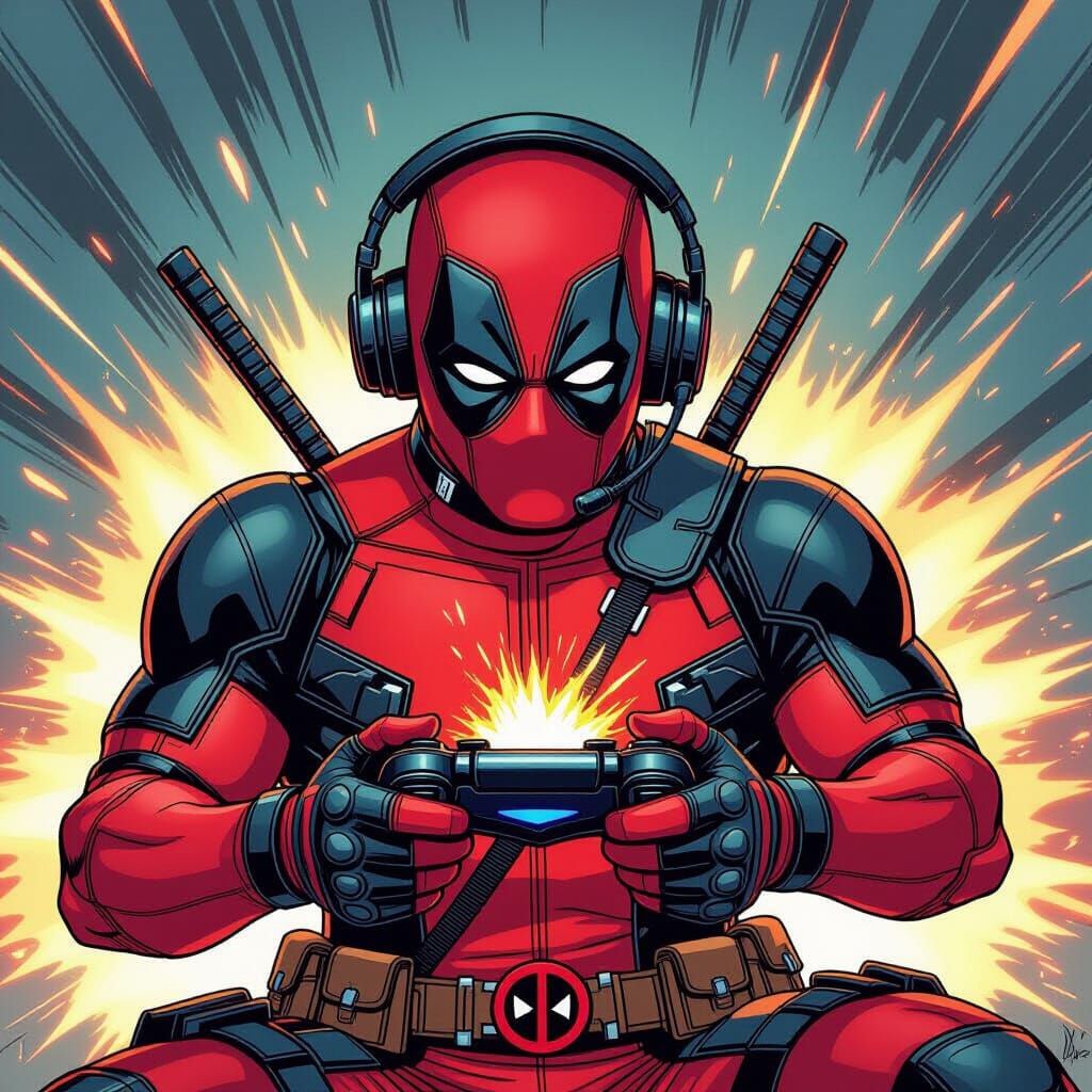 Deadpool Gaming PS5 in Comic Book Style