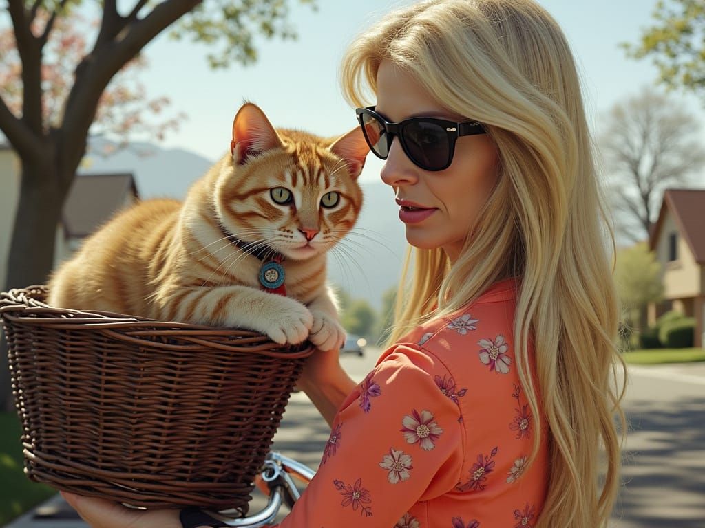 Woman Rides Bicycle with Cat, Hyperrealistic Art