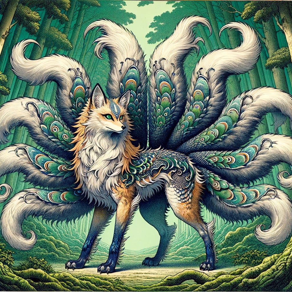 Mystical Fox in Japanese Woodblock Style