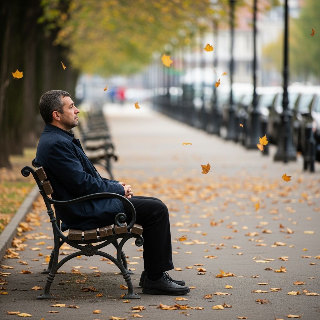 Man on Park Bench in Autumn, Documentary Style