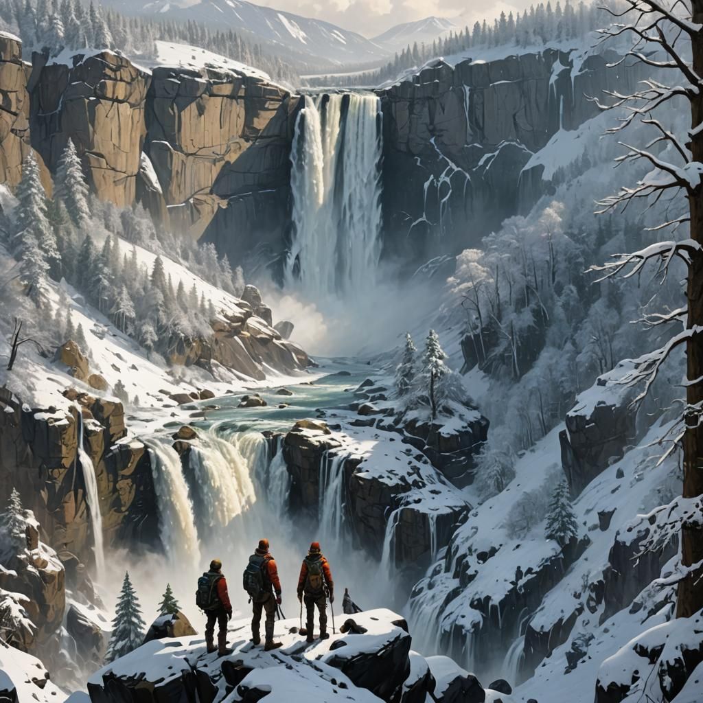 Adventurers Watching Waterfall From Snowy Precipice