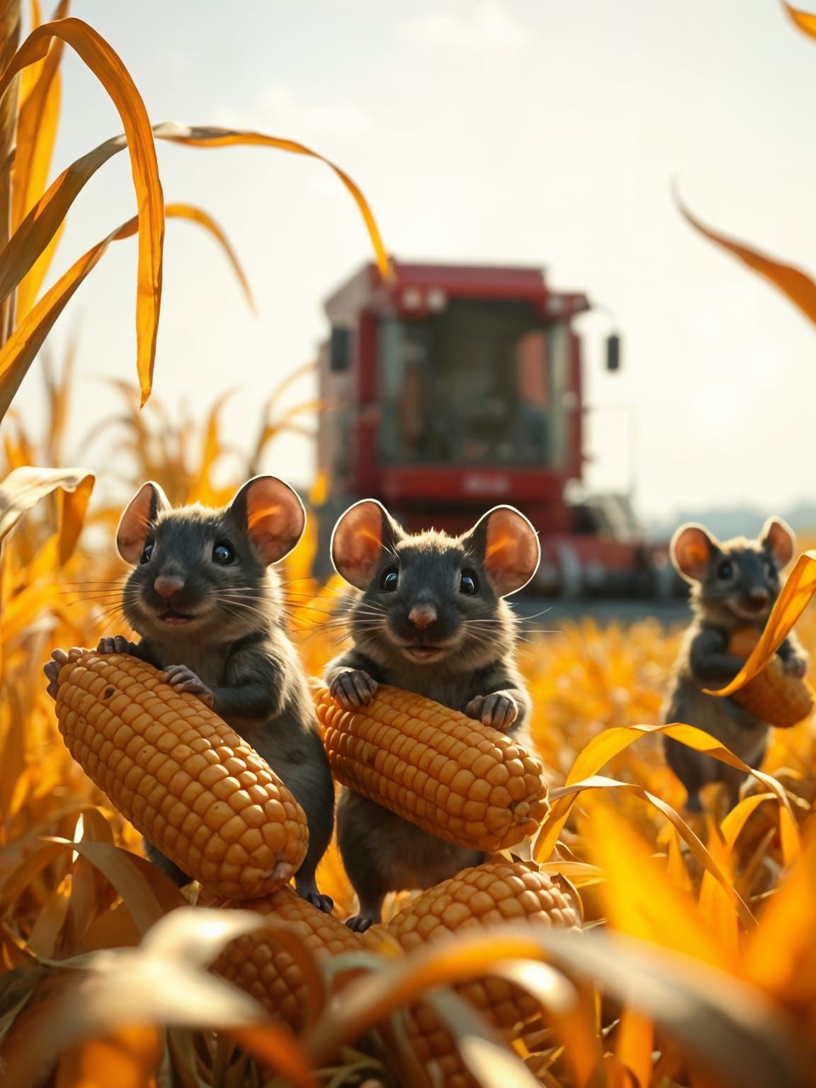 Field Mice Harvesting Corn in Autumn Field