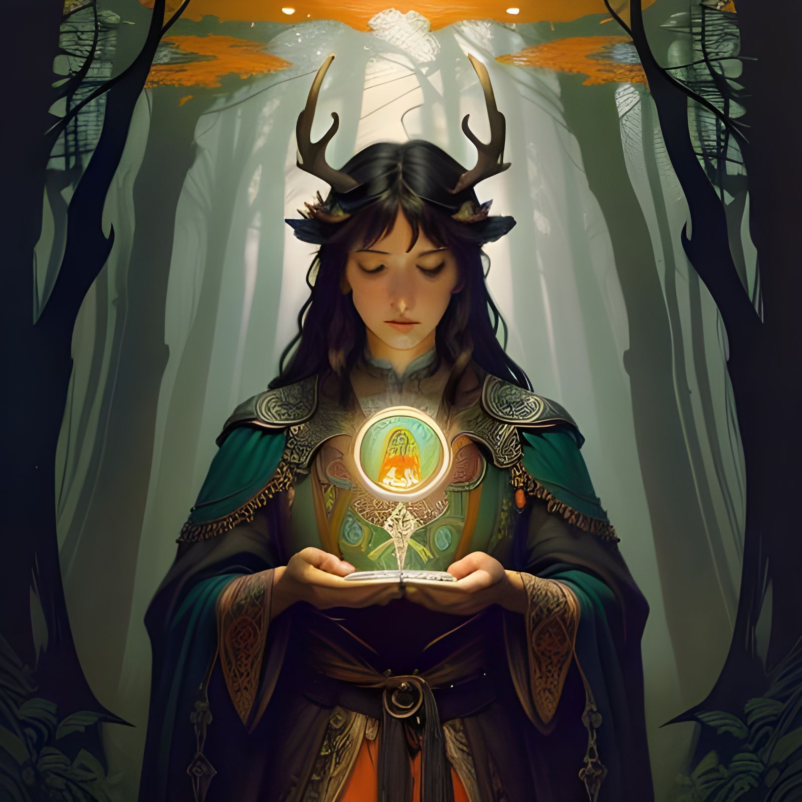 Stag Antlered Sorrow in Moody Forest, Chiaroscuro Style