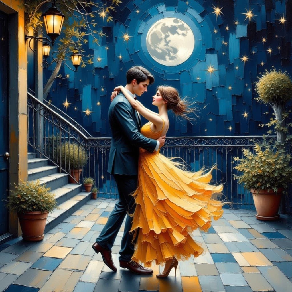 Couple Dancing Under Stars in Watercolor Style