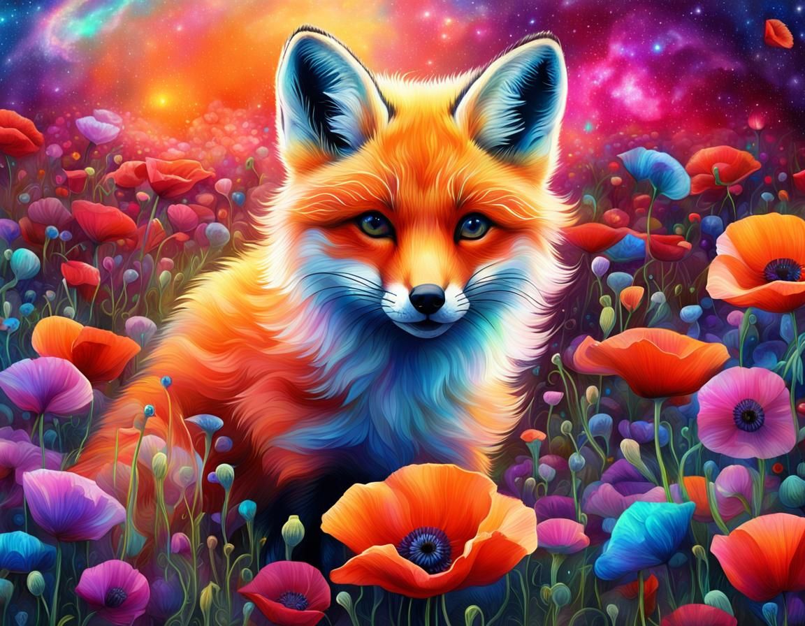 Baby Fox in Poppy Meadow, Astral Illustration