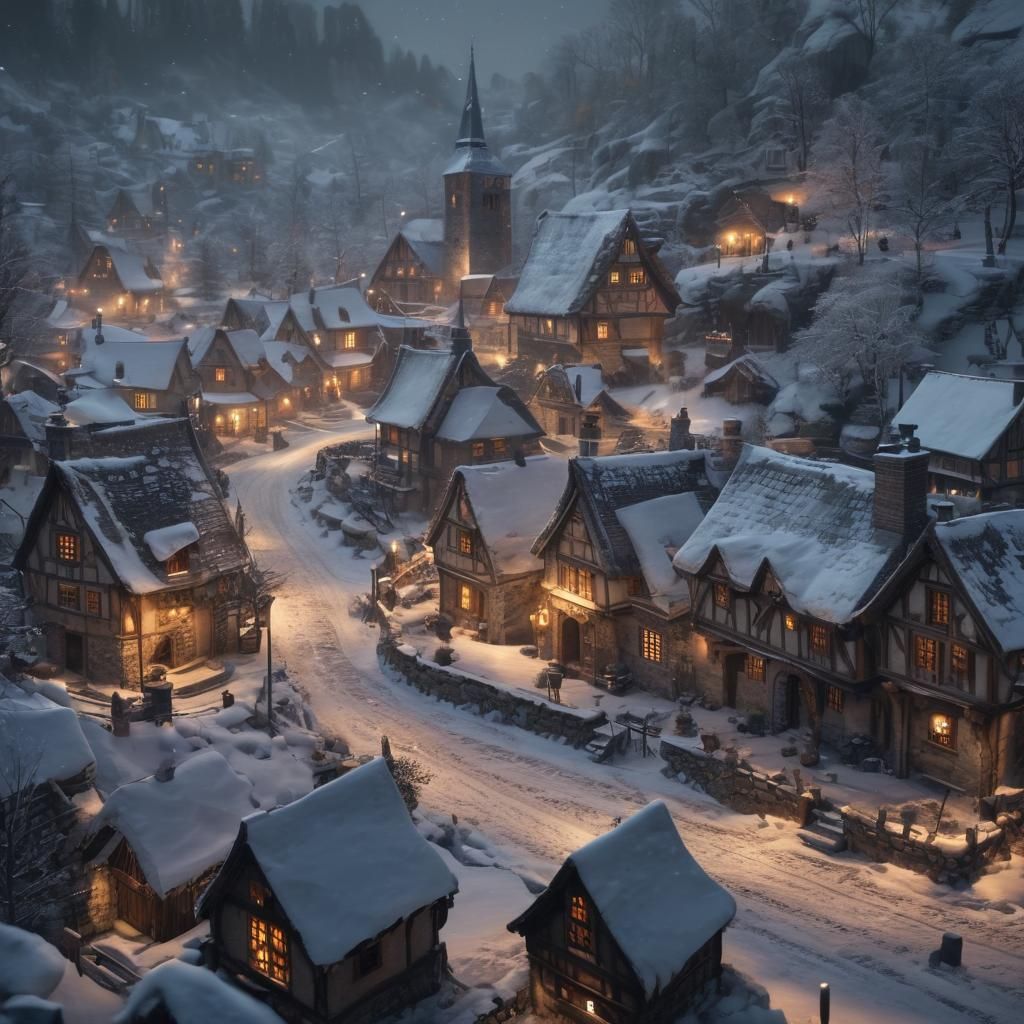 Snowy Medieval Village at Night in Hyperrealism