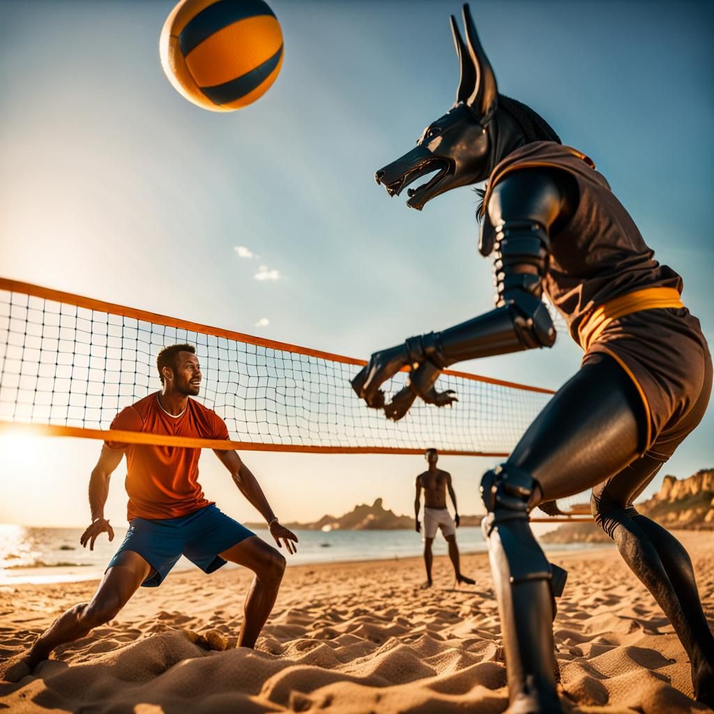 Anubis and Ra Play Beach Volleyball: Cinematic Film Still