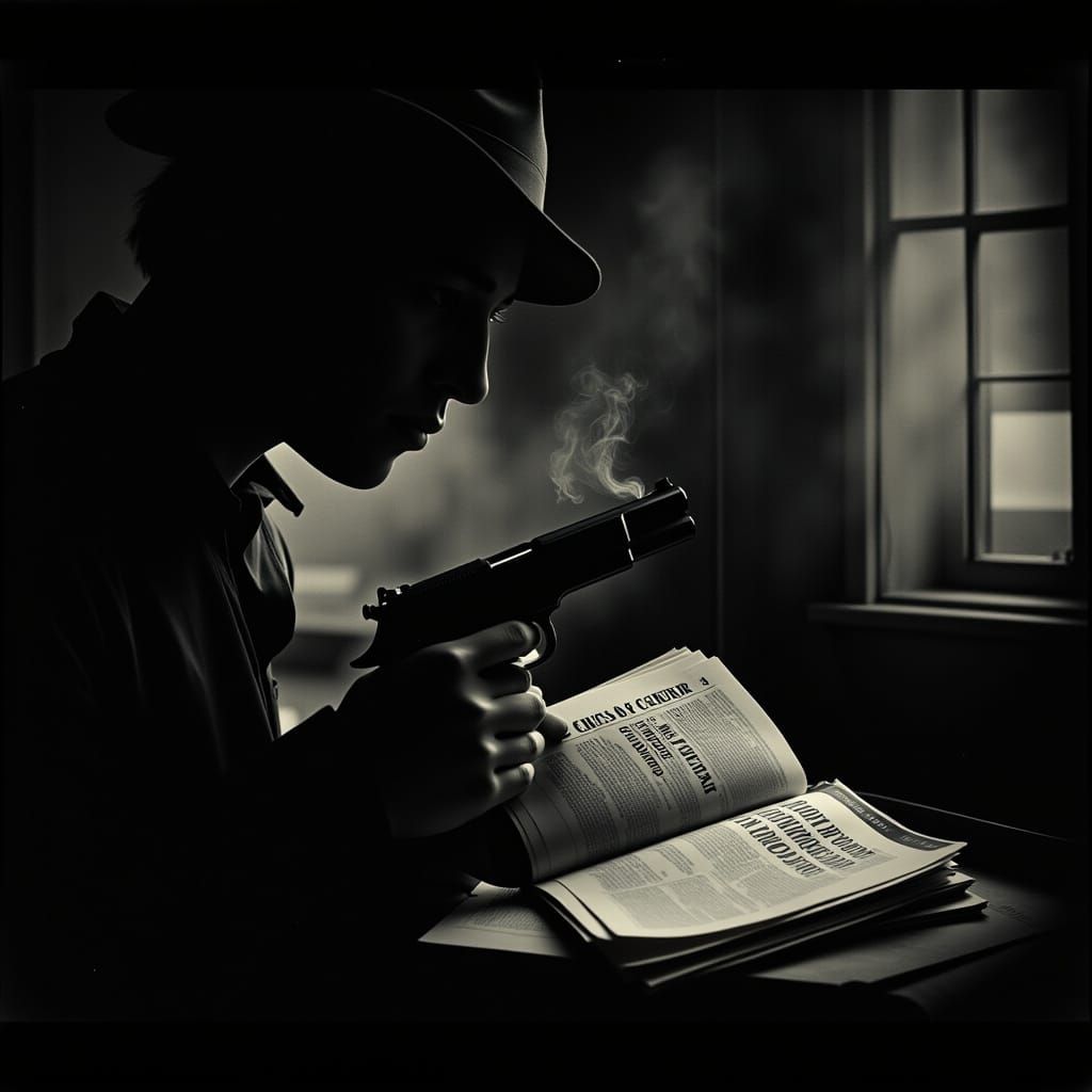 Noir Scene: Shadowy Figure with Smoking Gun