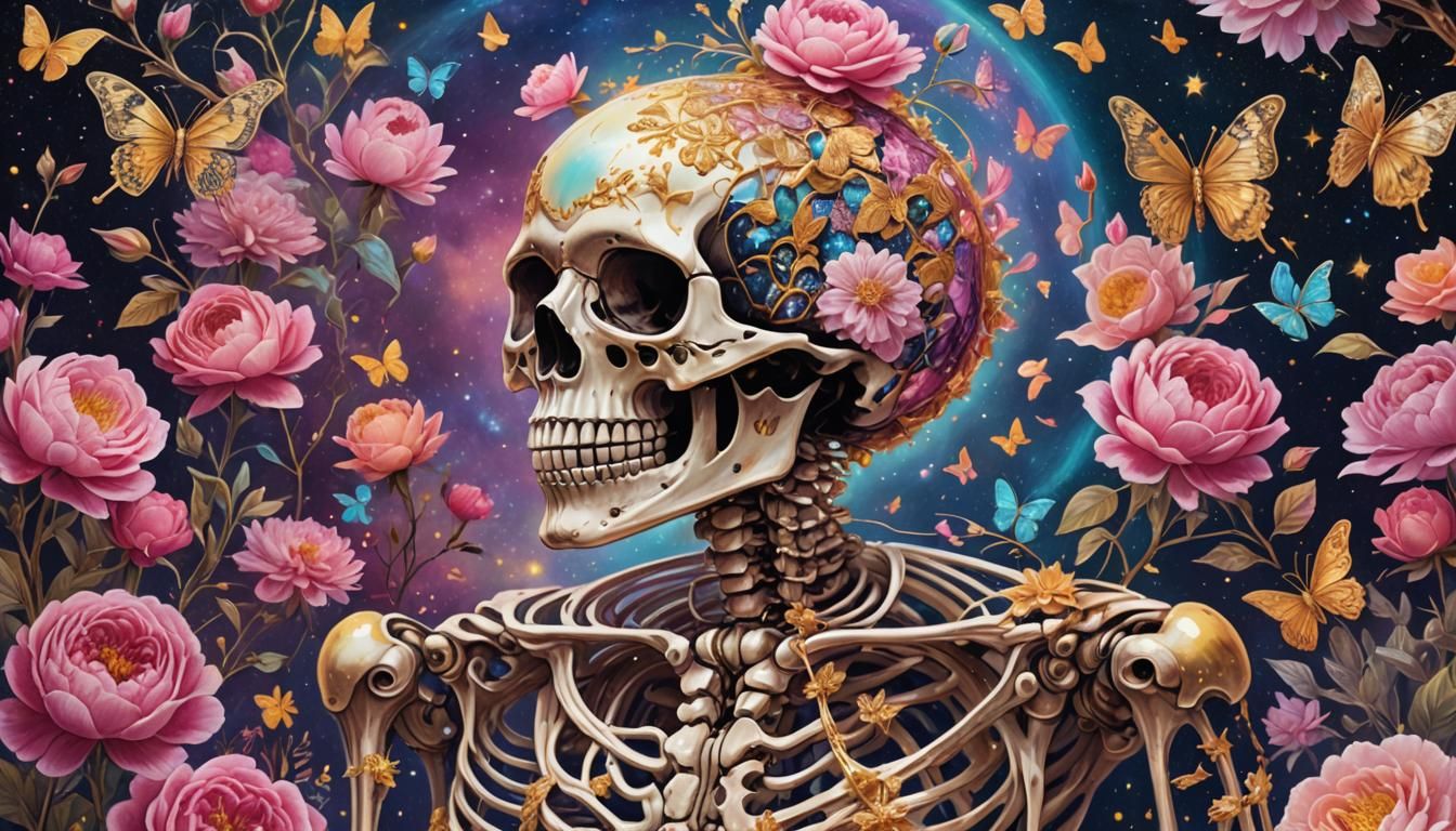 Astral Skeleton with Butterflies and Roses in Holographic St...