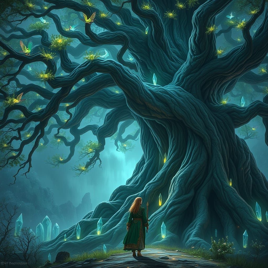 Elven Wanderer in Bioluminescent Grove, Digital Art