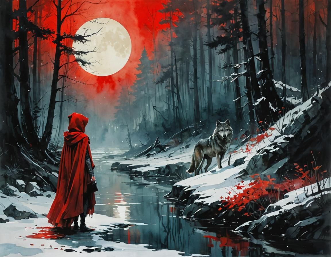 Wolf and Red riding hood in the dark woods