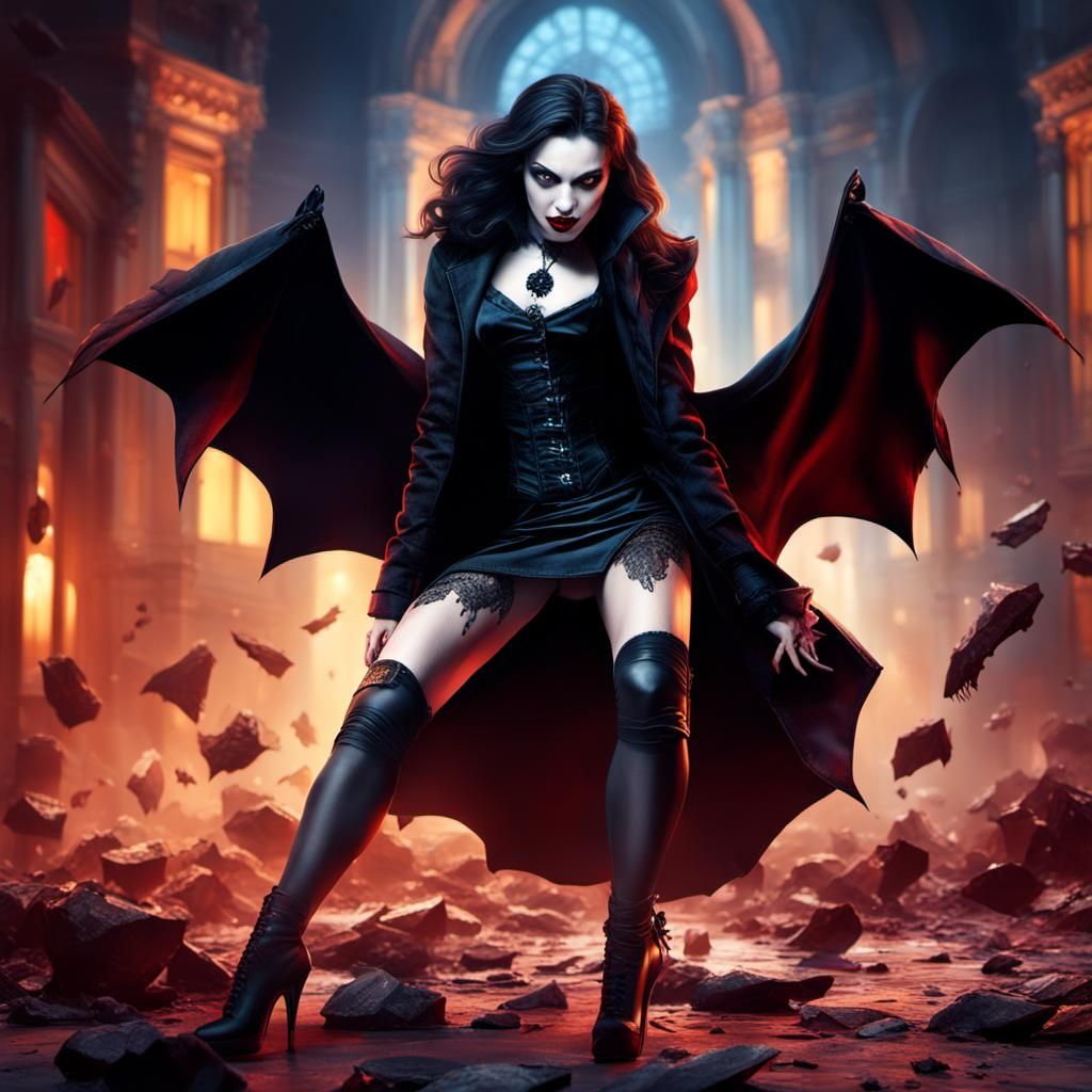 A beautiful female vampire in black stockings and high heels