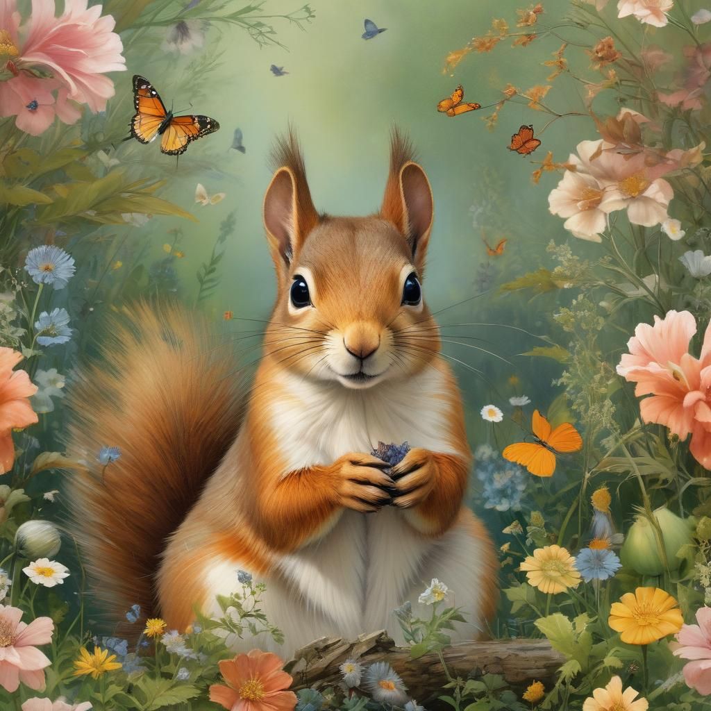 Squirrel Portrait with Flowers in Surreal Style