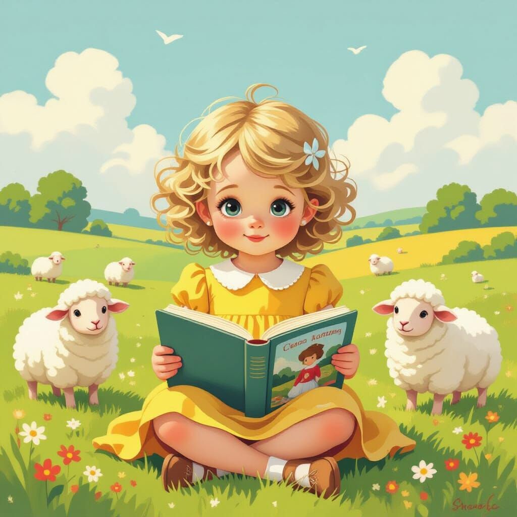 Little Girl Reading Book in Pastoral Landscape