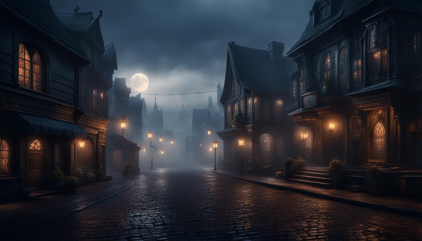Scary Dimly Lit Town in Detailed Matte Painting