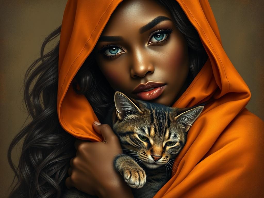 Mystical Woman with Cat in Surrealist Style