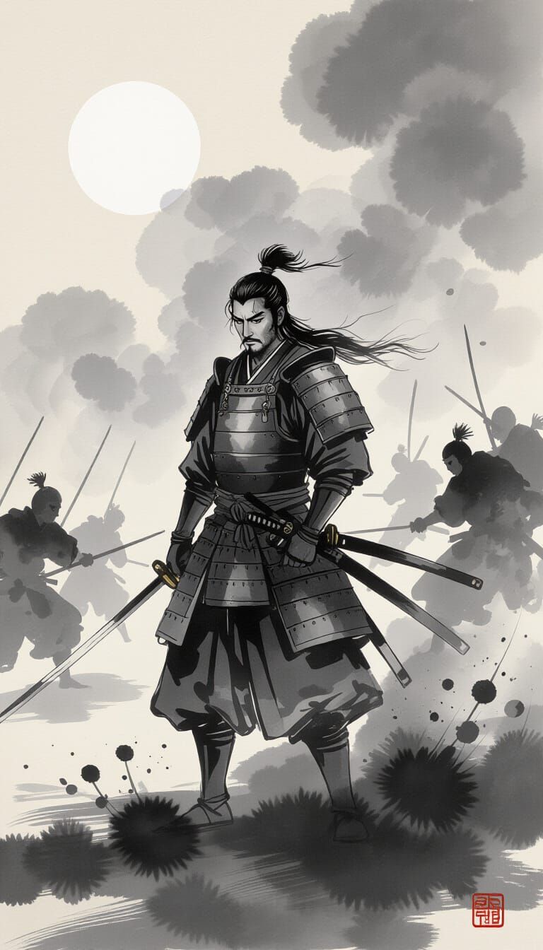 Stoic Samurai in Sumi-e Battle