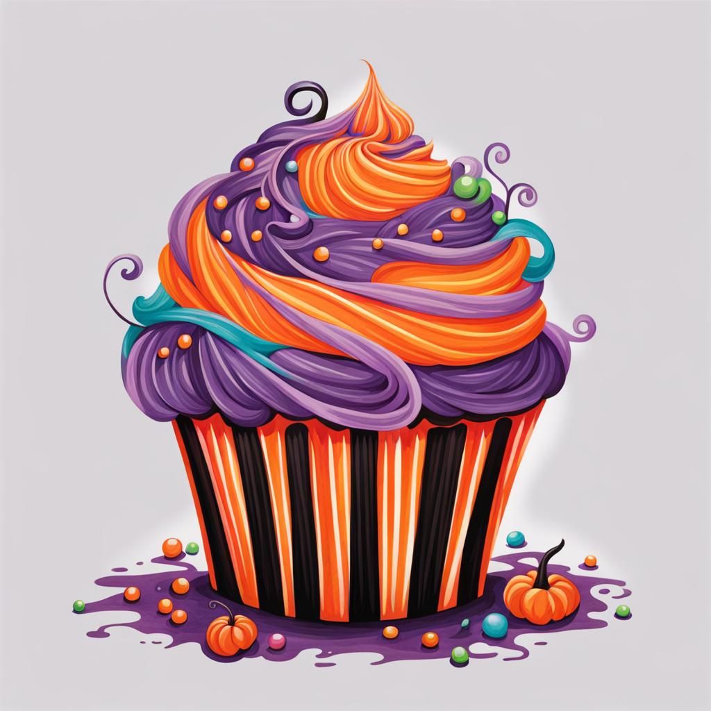 Vibrant Halloween Cupcake Design in Gouache Style