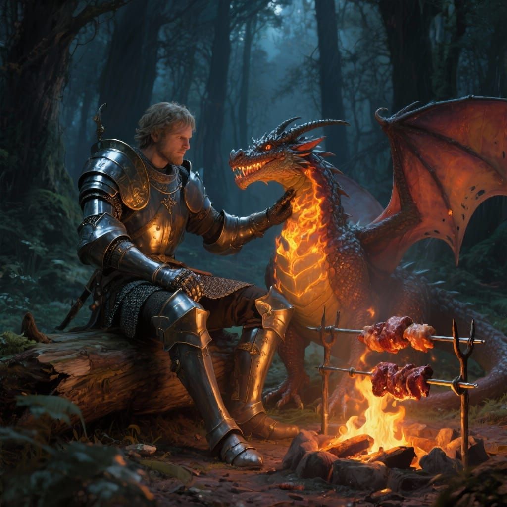 Knight and Dragon Barbecue in Dark Fantasy Style