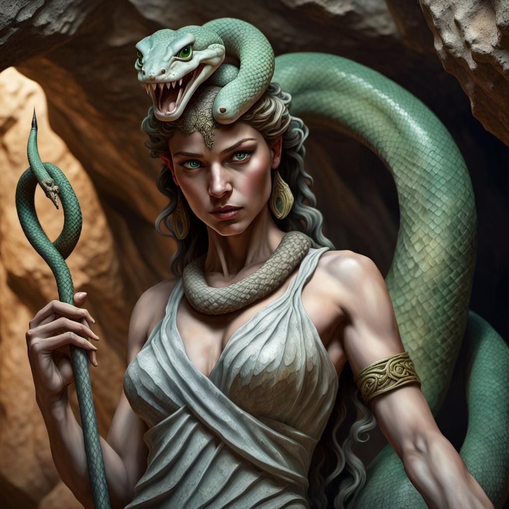 Medusa with Snakes in a Cave: Hyperrealistic Art
