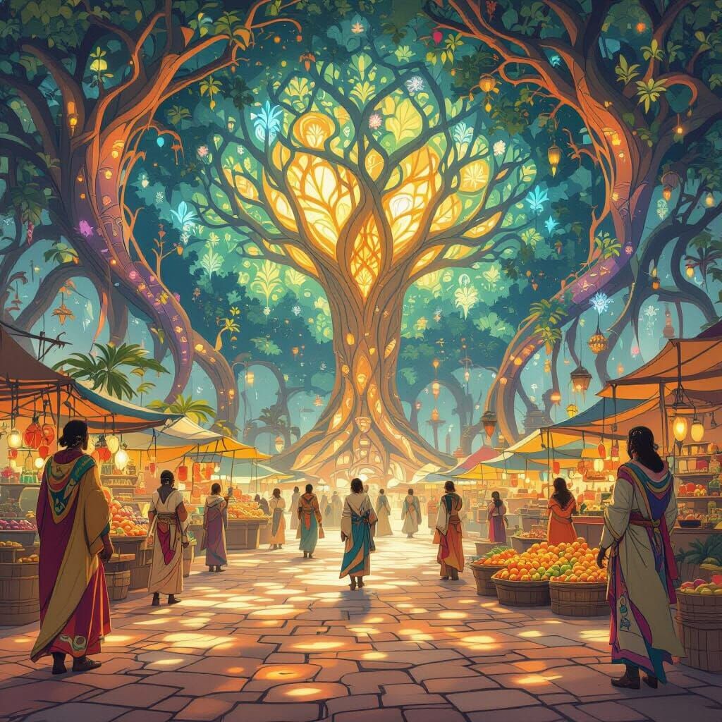 Fantasy Tree City Marketplace with Bioluminescent Flora