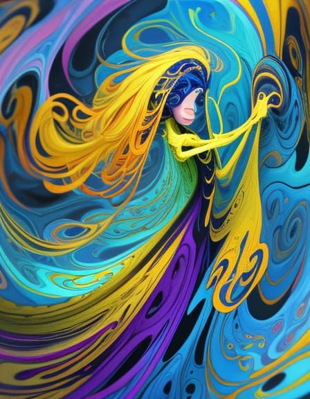 Psychedelic Figure Leaving Desk in Vivid Colors