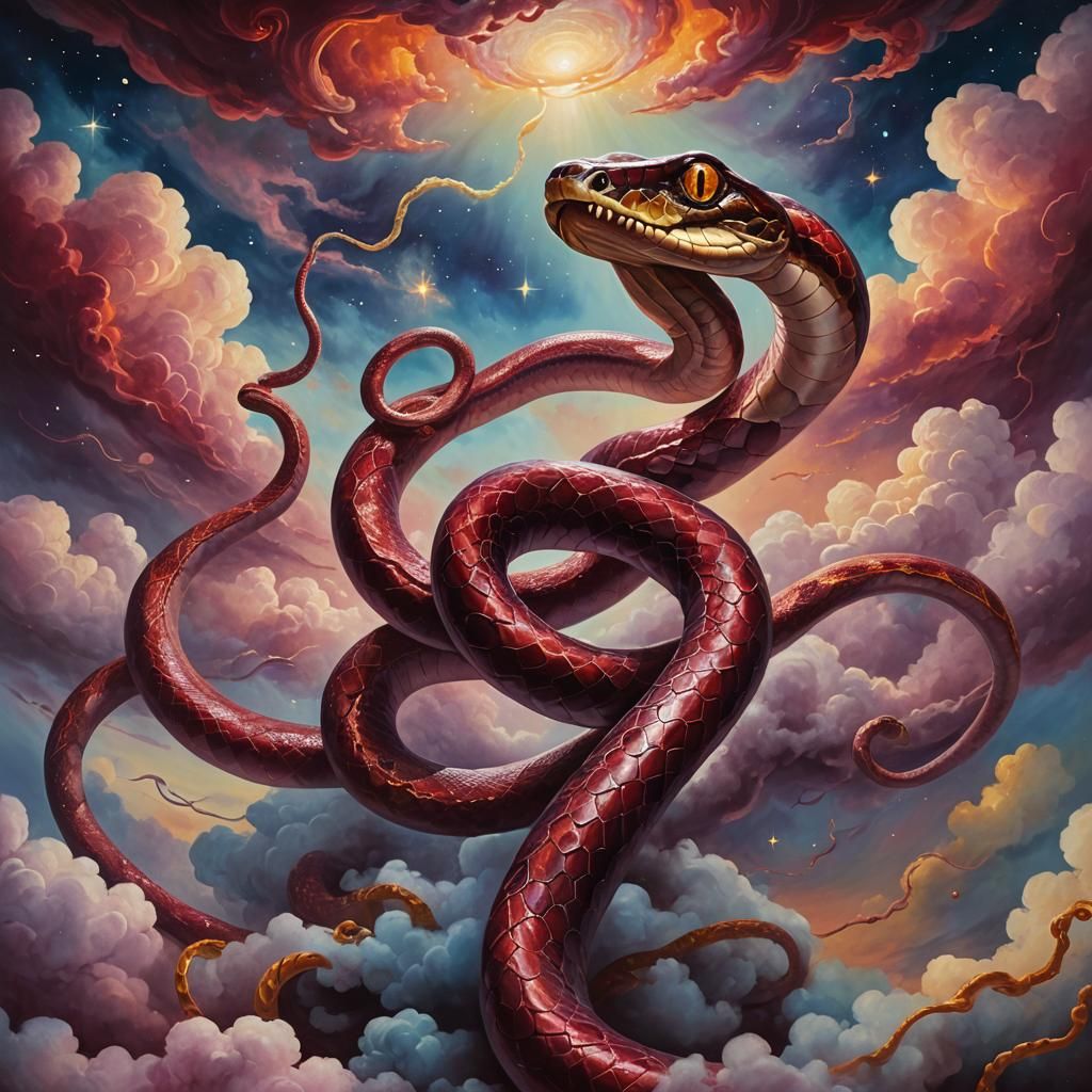 Burgundy Snake on Cloud in Surrealist Oil Painting