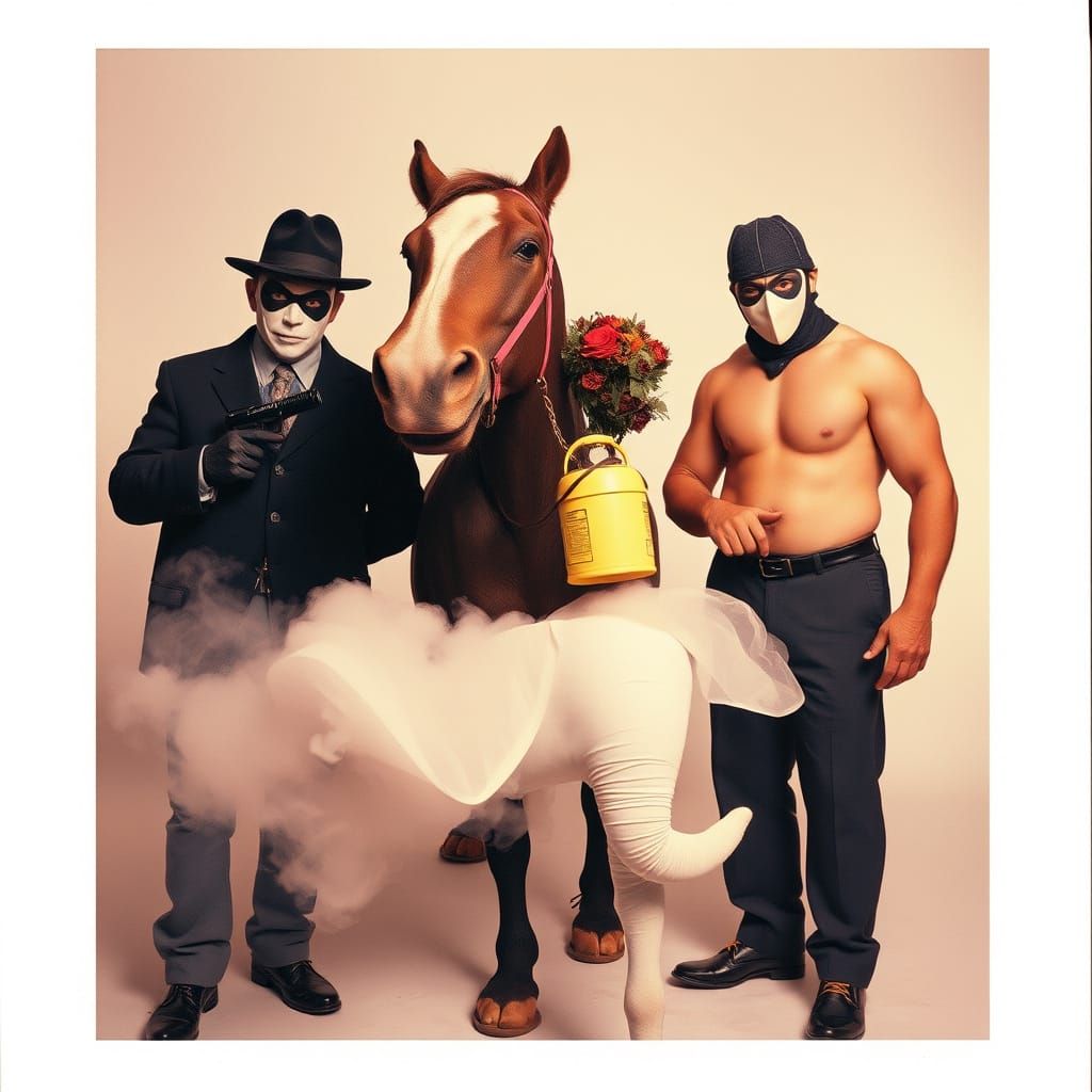 Grotesque Masked Men in Mid '80s Fashion, Riding a Horse