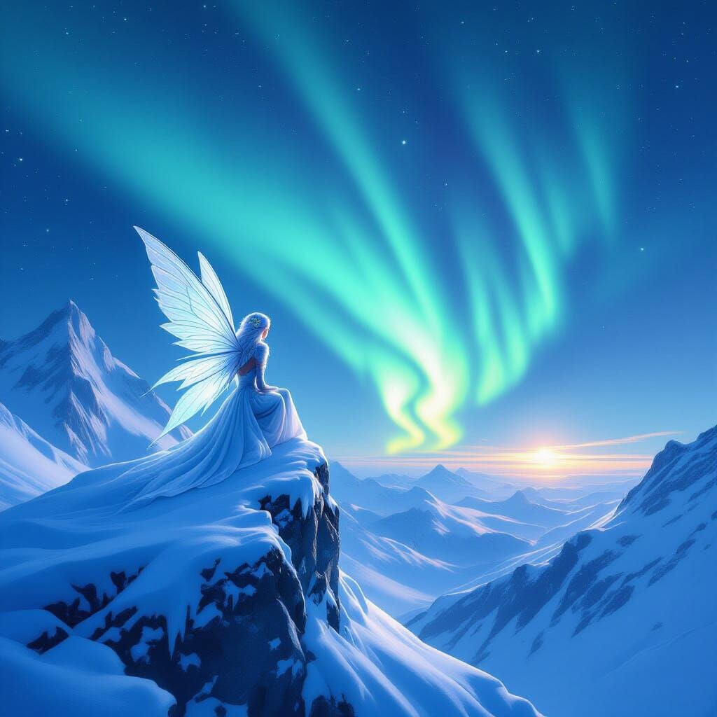 Snow Faerie on Icy Peak Under Aurora Sky