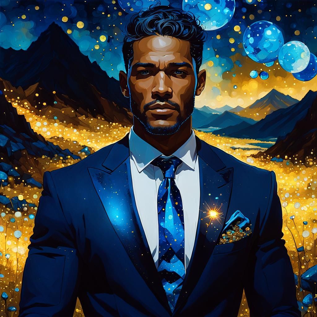 Sapphire Prince in Cosmic Dreamscape: Watercolor Art