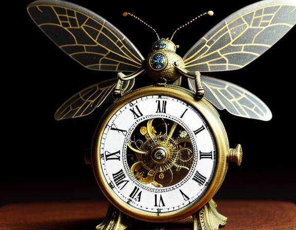 Steampunk Insects Hovering Around Molten Clock