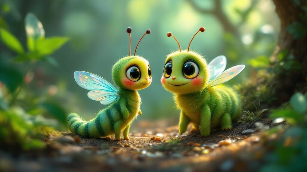 Ladybug and Caterpillar in Whimsical Forest Landscape