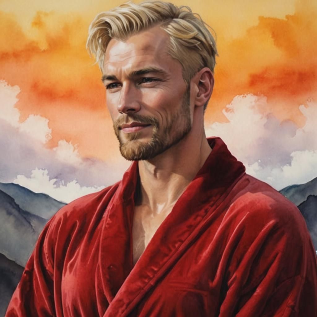 Blond Man in Red Bathrobe, Neo-Impressionist Portrait