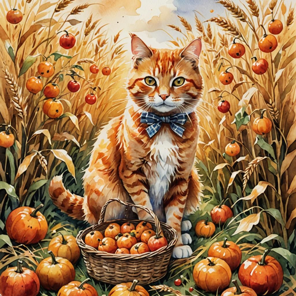 Whimsical Orange Cat in Wheat Field, Watercolor